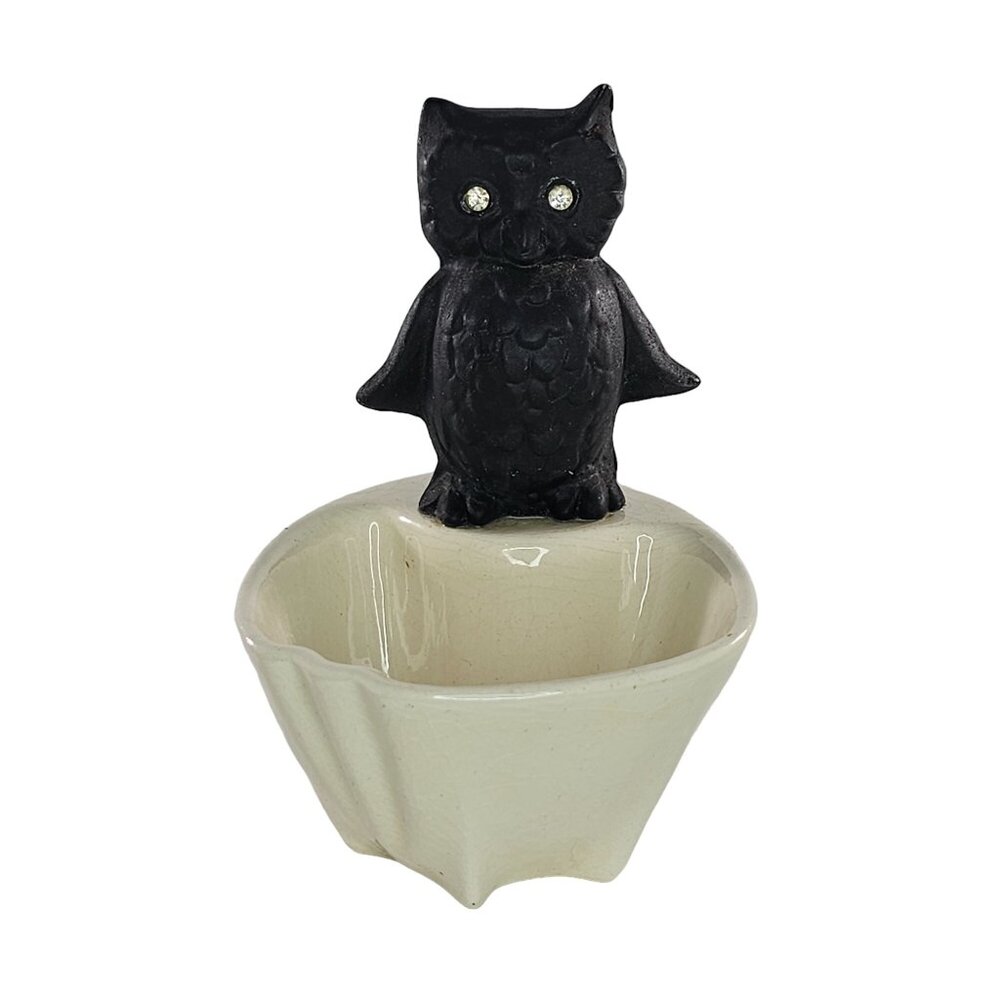Vintage Ceramic Owl Catch All Candy Dish Mid Century Modern Decor Rhinestone Eye